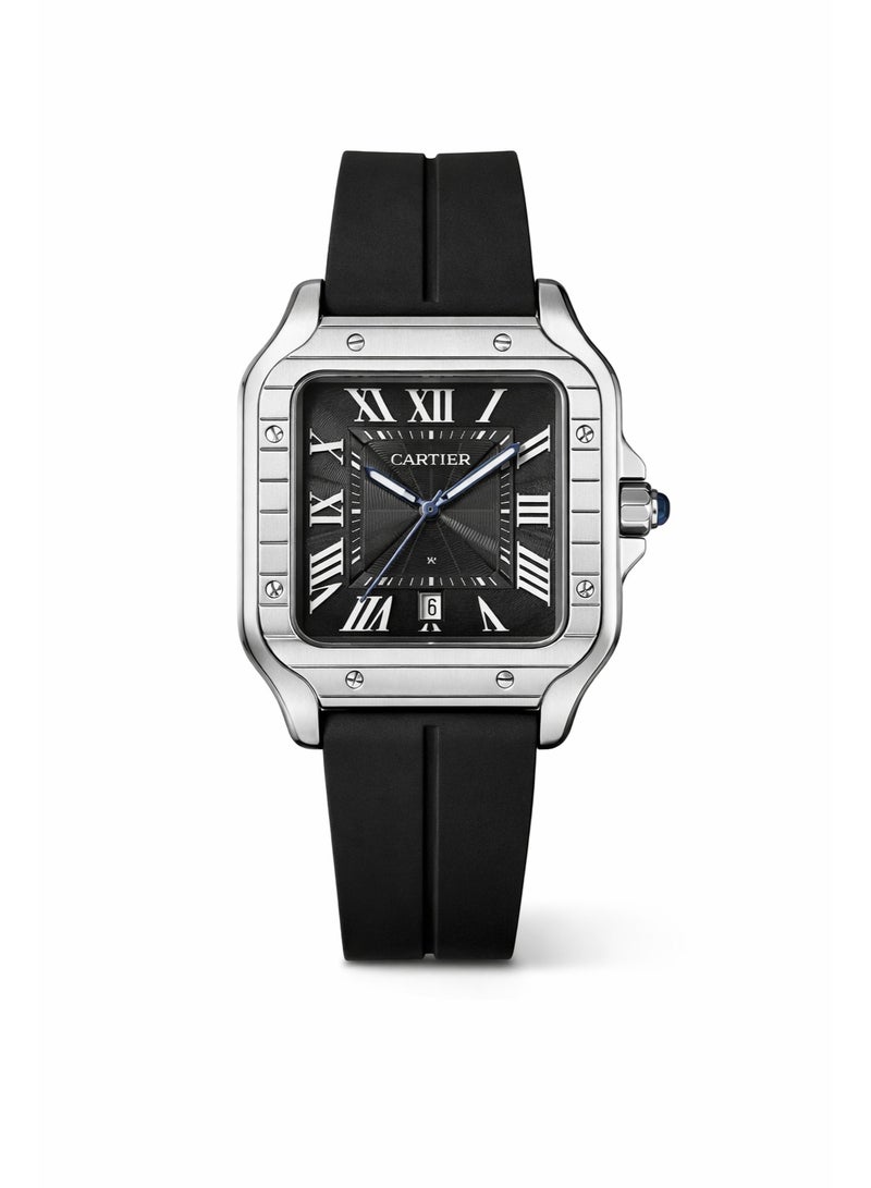 كارتييه ساعة كارتييه سانتوس مربعة من الستانلس ستيل بميناء أسود وسوار مطاطي أسود - Image 1